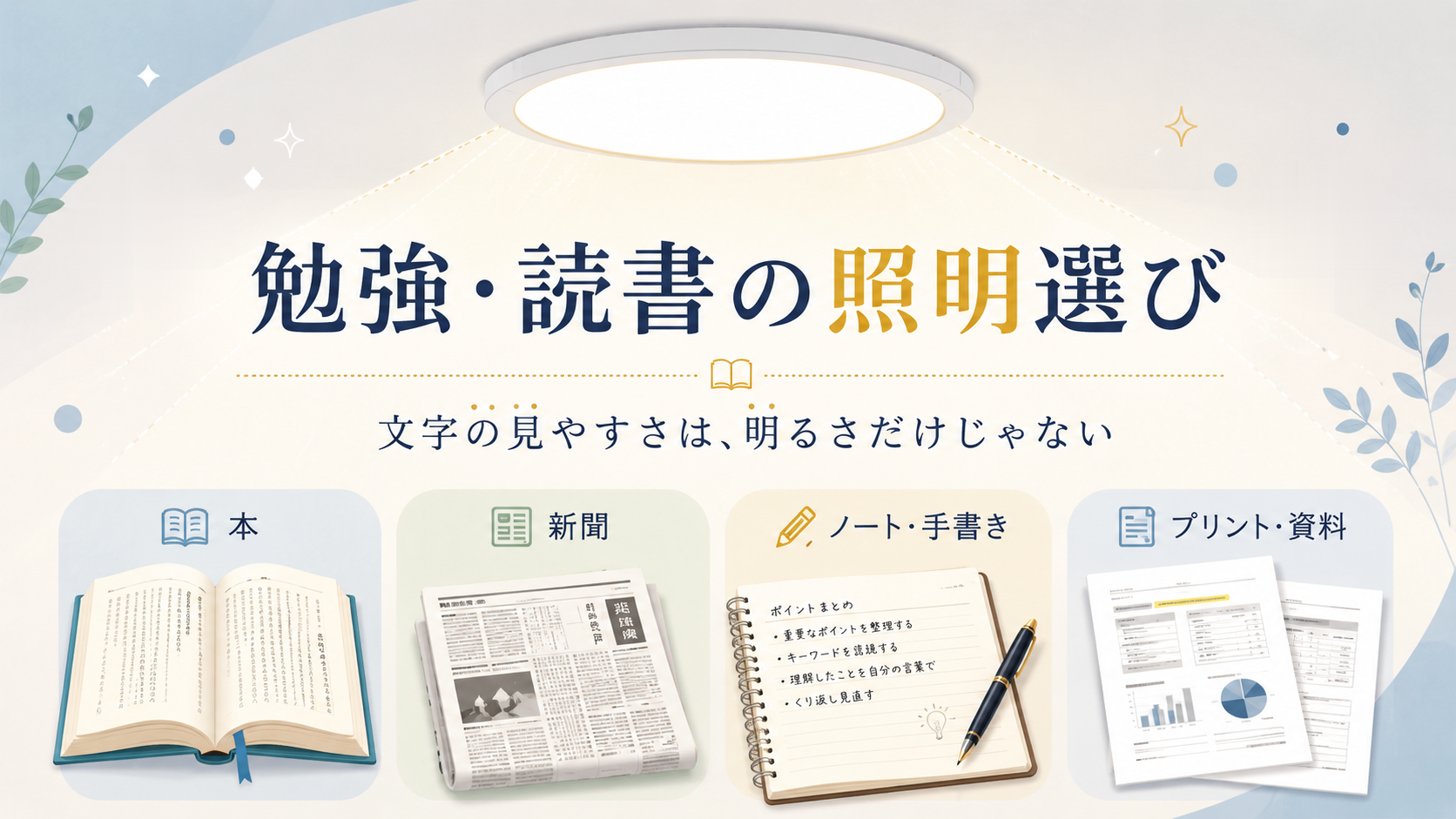 勉強・読書に使うLEDシーリングライトの記事のアイキャッチ。天井のLEDシーリングライトの下に、本・新聞・ノートへの手書き・プリントや資料を並べ、紙の文字を見る用途をまとめた図