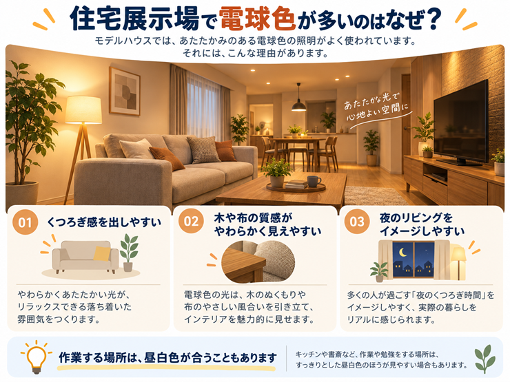 住宅展示場であたたかい色の光が多く使われている理由を、くつろぐ時間帯と光の色の関係として示した図