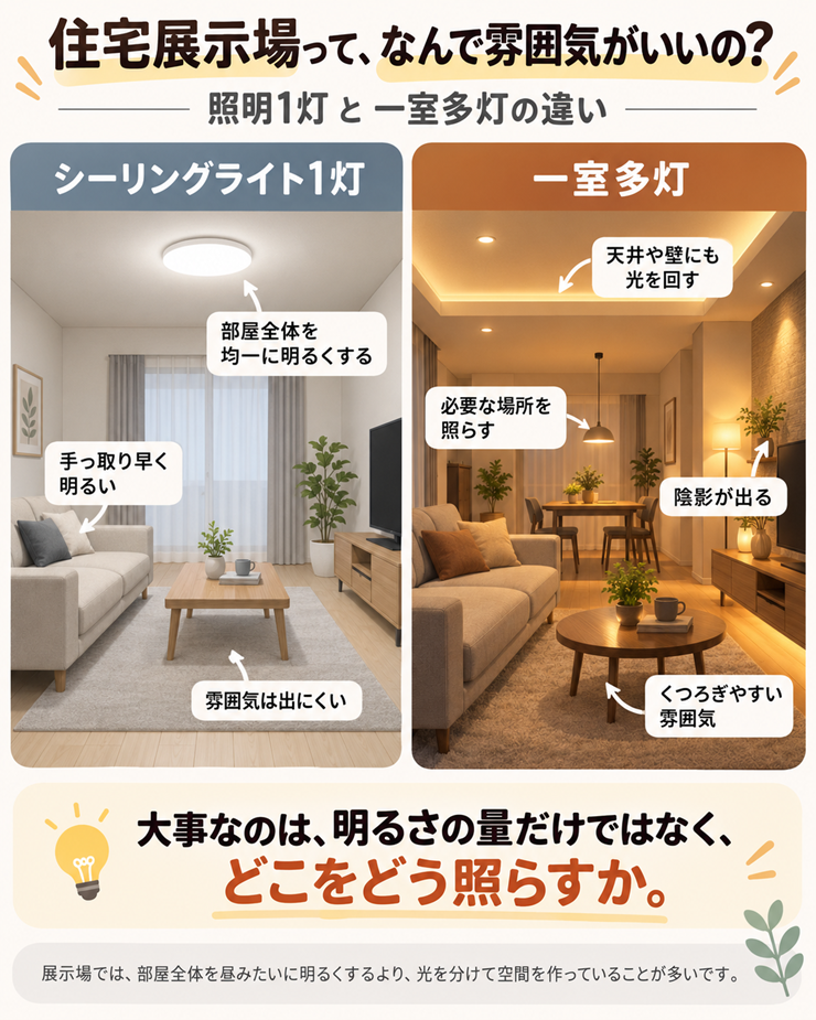部屋の中央に照明が1つだけある一室一灯と、ダウンライト・ペンダントライト・間接照明を組み合わせた一室多灯を左右に並べて比べた図